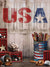 Rustic USA Baseball Photography Backdrop - A rustic backdrop featuring "USA" in red, white, and blue with vintage baseball equipment, ideal for patriotic and sports-themed photoshoots.