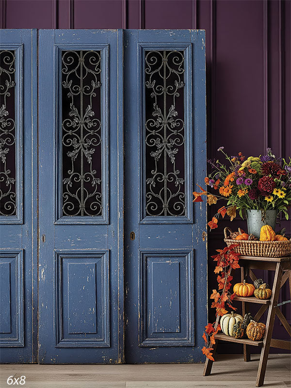 A warm-toned faux door backdrop with rich autumn hues, perfect for creating cozy and inviting fall mini session portraits.