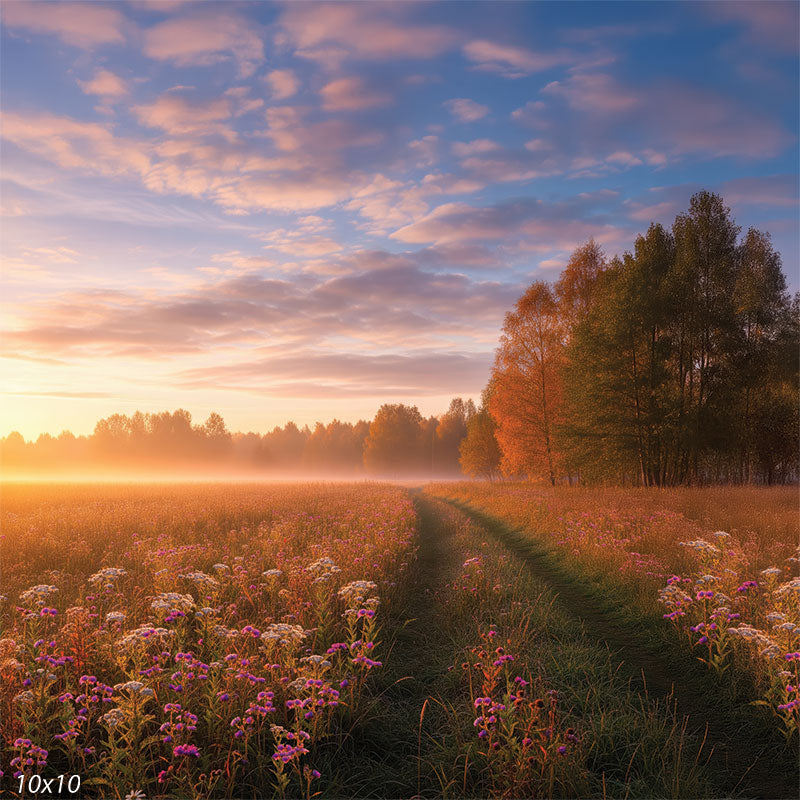 An autumn meadow backdrop with a winding grassy path, soft mist, and vibrant seasonal colors, ideal for cozy fall minis.