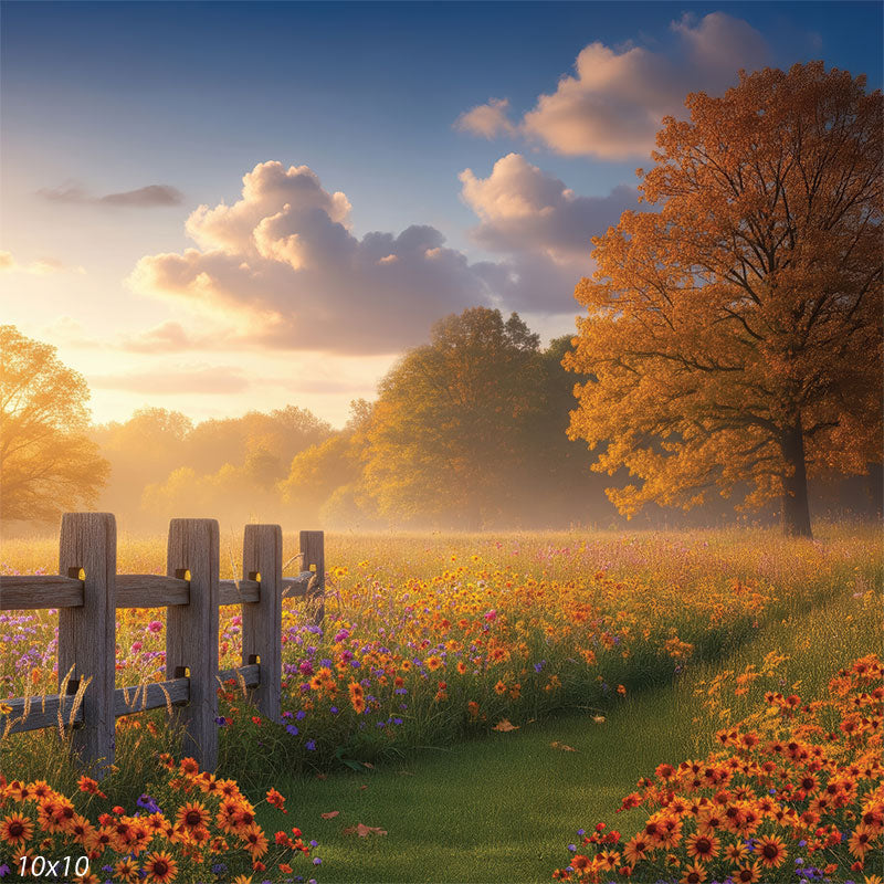 An autumn landscape backdrop featuring a golden meadow, vibrant flowers, and a warm sunset glow, ideal for seasonal portraits.