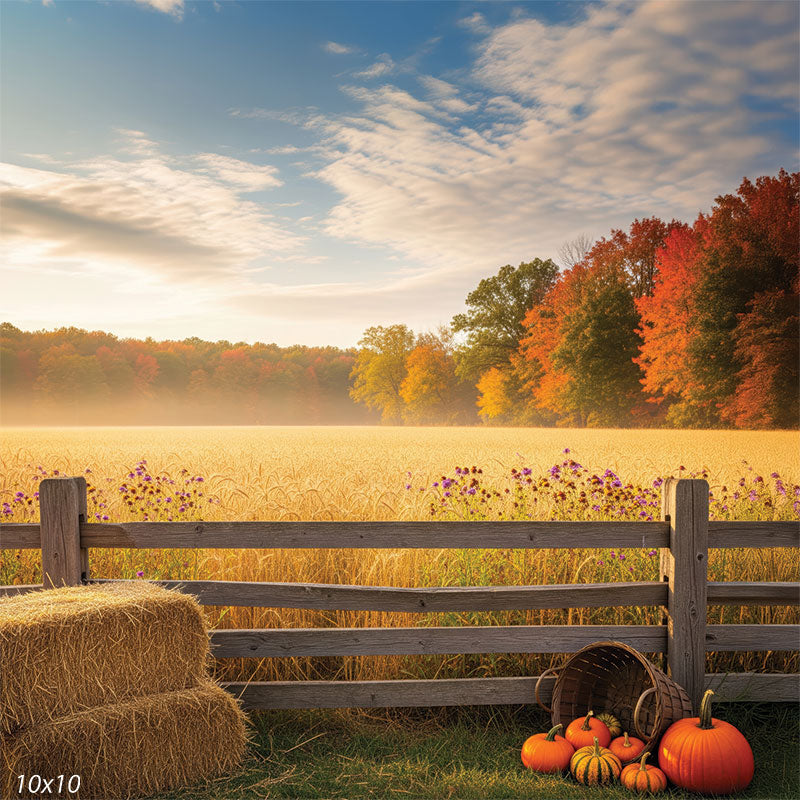 A realistic backdrop showing a sunlit harvest field framed by a wooden fence and pumpkins, with colorful autumn trees in the distance.