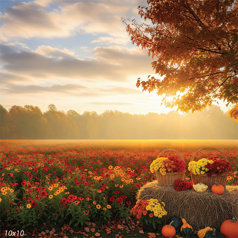 An autumn harvest field backdrop with vibrant flowers, hay bales, and pumpkins under golden sunset light, ideal for seasonal photography.