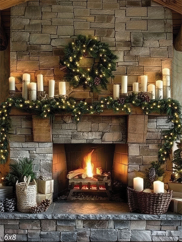 A cozy Christmas fireplace backdrop featuring stacked stone, glowing candles, and lit garland — ideal for festive portraits and family holiday sessions.