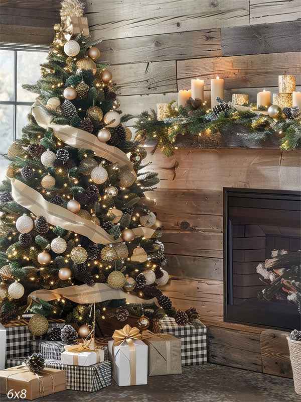 Rustic Christmas tree decorated with gold and black ornaments beside a cozy wood-paneled fireplace, ideal for festive studio mini sessions.