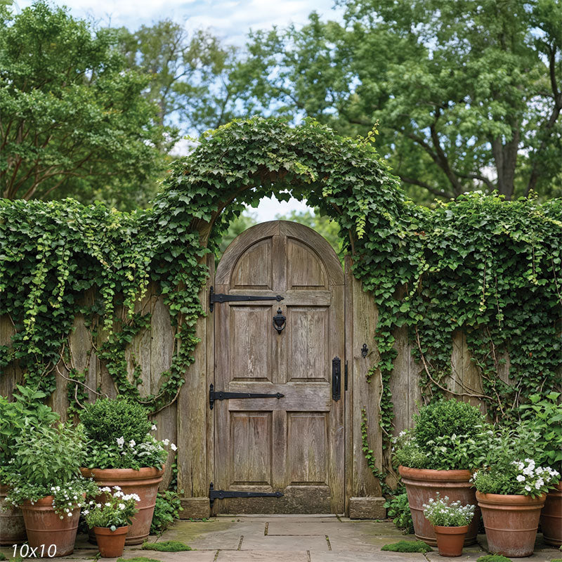 Studio background showing an aged wooden gate beneath a curved ivy arch, surrounded by natural greenery and stone paving for portrait photography.