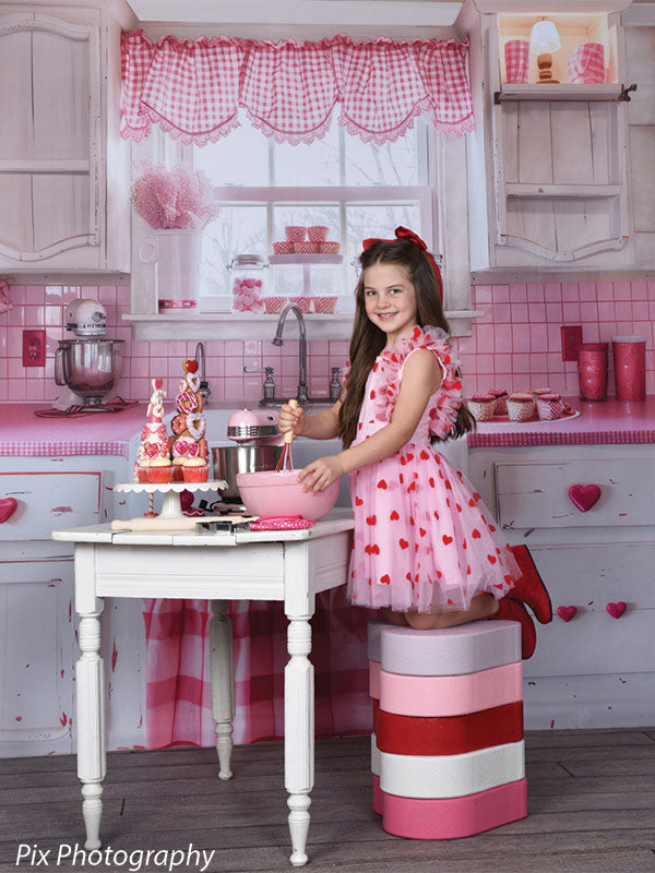 Realistic weathered wood floor backdrop grounds a Valentine kitchen photo scene with heart-themed styling.