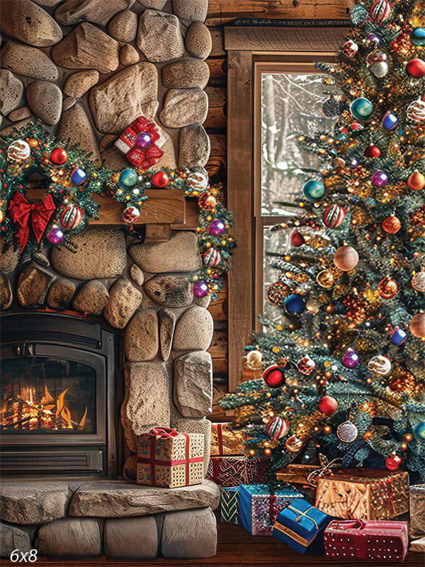 Christmas photography backdrop featuring a rustic stone fireplace with a glowing fire, a fully decorated tree with colorful ornaments, and wrapped holiday gifts—perfect for cozy indoor holiday portraits.
