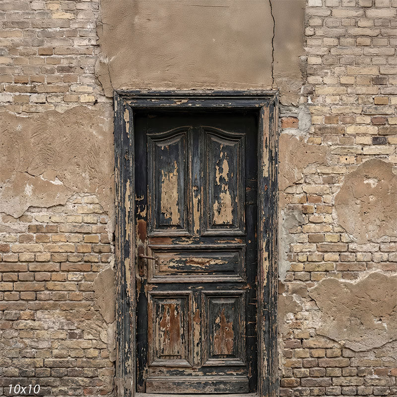 This studio background features a centered, weathered wood door surrounded by aged brick and cracked plaster textures, suitable as a portrait photography backdrop.