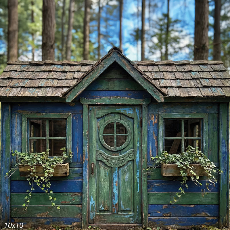Photography backdrop featuring a weathered blue and green storybook cottage with wooden door, windows, and textured siding.