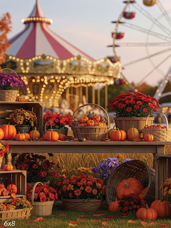 An autumn harvest display with pumpkins, chrysanthemums, and wooden crates set before a softly lit carousel and Ferris wheel at dusk.