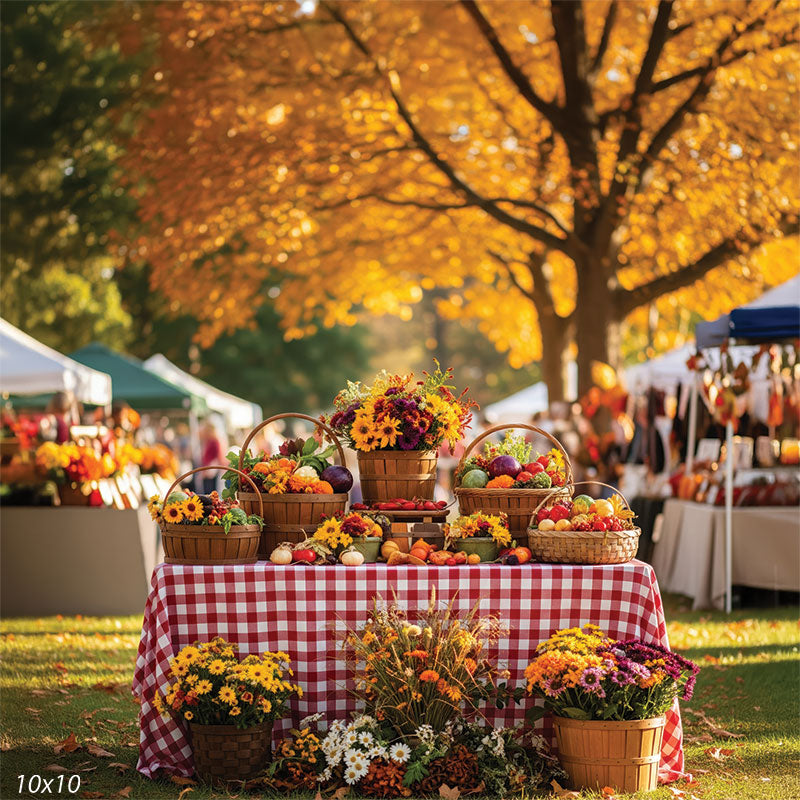 Vibrant autumn market backdrop with bushel baskets, produce, and warm golden light CP-8730