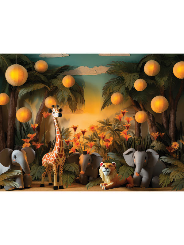 Safari Adventure Cake Smash Backdrop - Adorable baby safari-themed cake smash backdrop with giraffe, elephants, lion, and sunset scene with glowing lanterns.