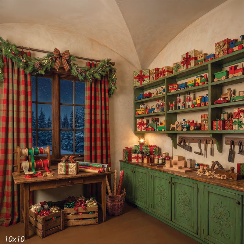 Sage Noel Santa's workshop green cabinets toy shelves nutcracker gift crates Christmas backdrop CP-8915