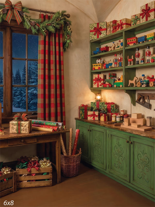 Sage Noel Christmas workshop green painted cabinets toys plaid curtains wooden gift crates holiday backdrop CP-8915