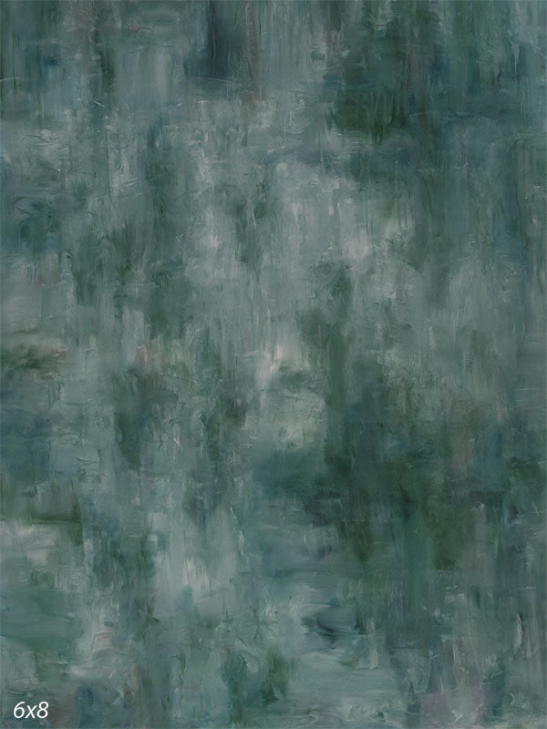 Muted sage green hand-painted photography backdrop veiled in soft mist with a hazy, atmospheric finish for studio portraits.