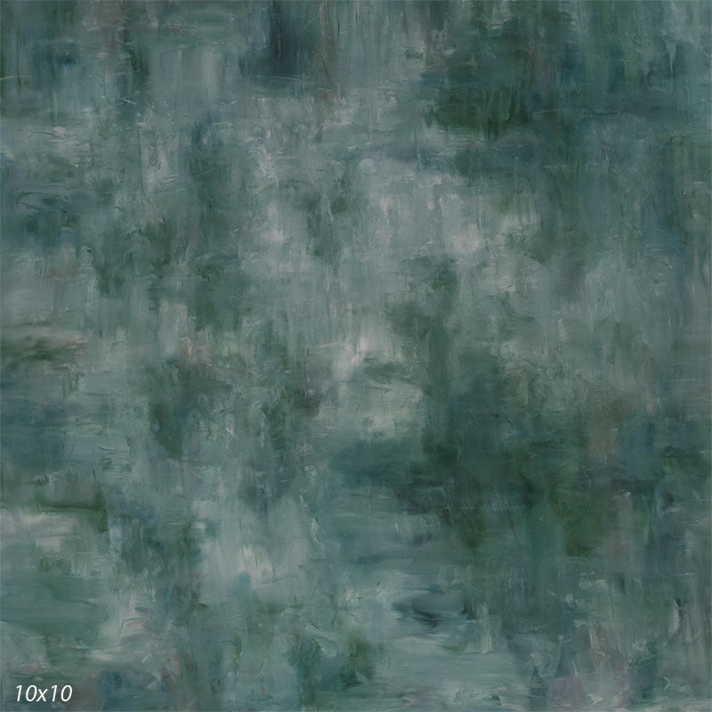 Muted sage green hand-painted photography backdrop veiled in soft mist with a hazy, atmospheric finish for studio portraits.