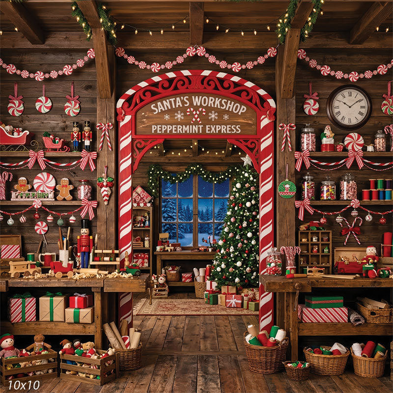 Sugar Workshop Santa's workshop interior candy canes toys holiday signage backdrop CP-8910