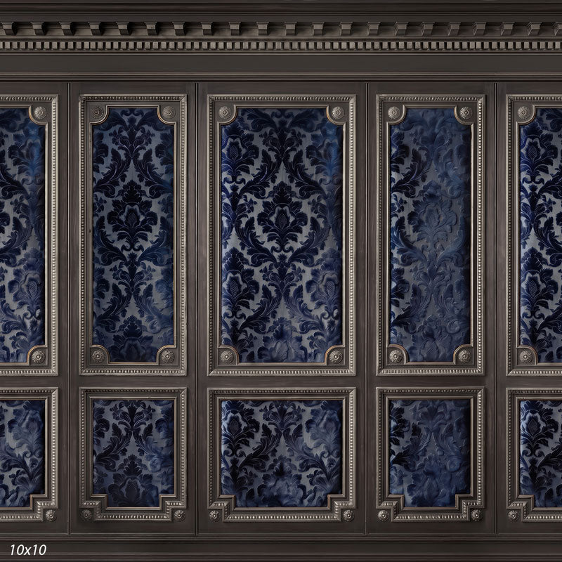 Wider view of the charcoal and navy damask wall paneling, showing more panels and silver beading, a dramatic formal photography backdrop.
