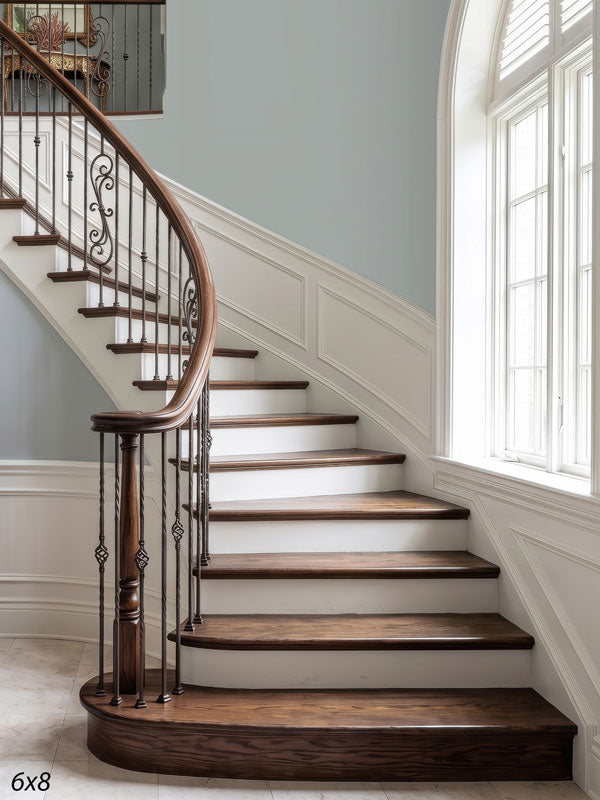 Light curved staircase with dark treads, white risers and wrought-iron scroll balusters beside an arched window, a coastal interior photography backdrop.