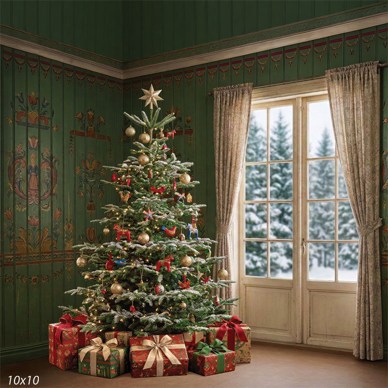 Scandinavian painted green walls folk art Christmas tree backdrop CP-8903