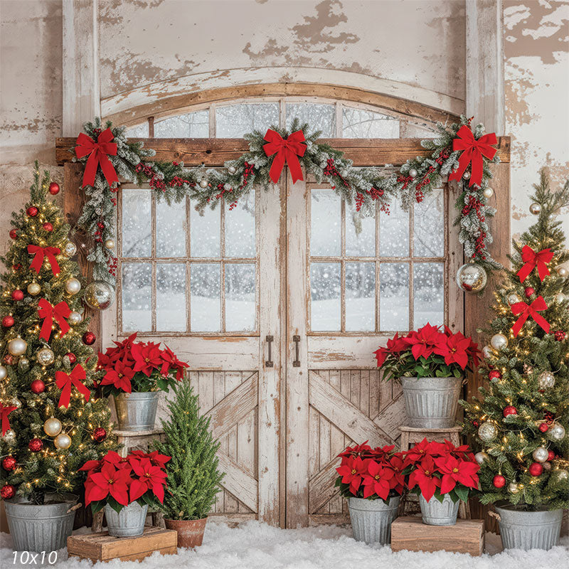 Scarlet Drift rustic barn entry with red poinsettias snowy ground and Christmas trees backdrop CP-8928