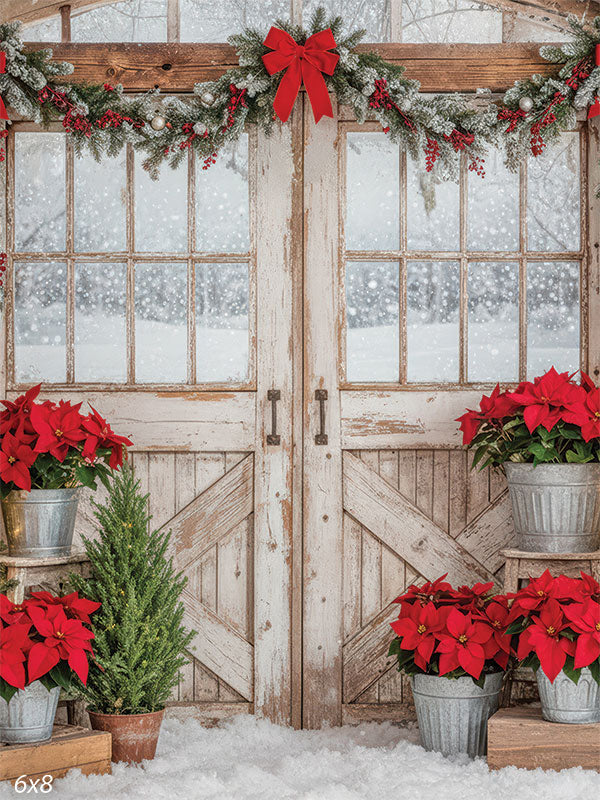 Scarlet Drift weathered barn doors red poinsettias snow galvanized pots backdrop CP-8928