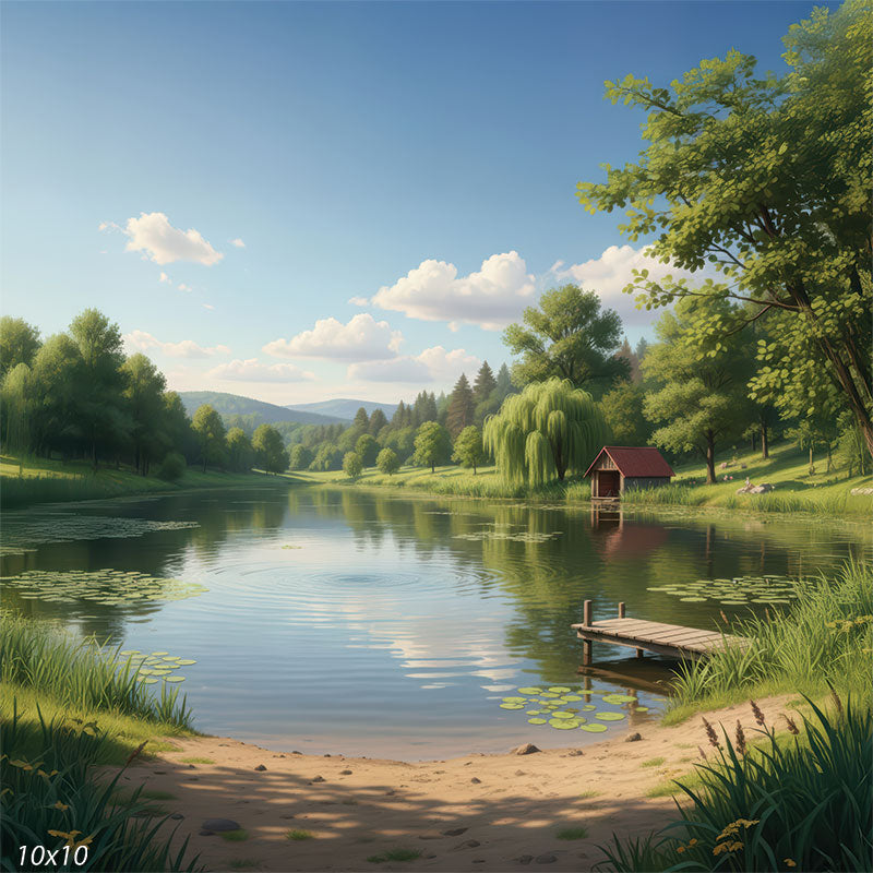Photography backdrop featuring a sandy shoreline and tranquil water. Ripples surround a small dock with green hills in the distance.