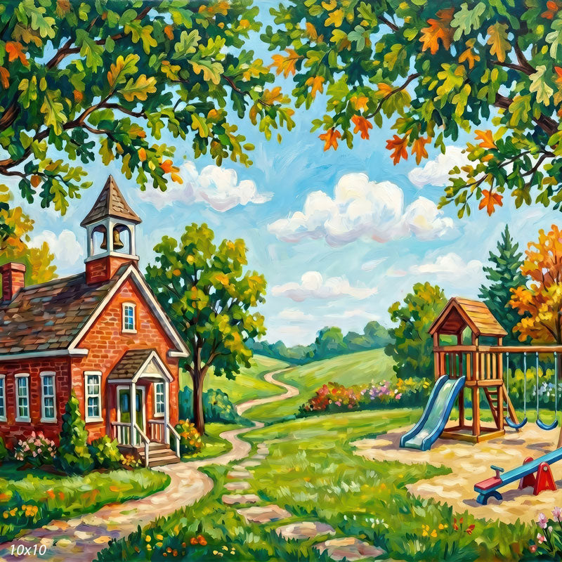 Schoolbell Hill painted schoolhouse bell tower and playground wide scene backdrop CP-8969