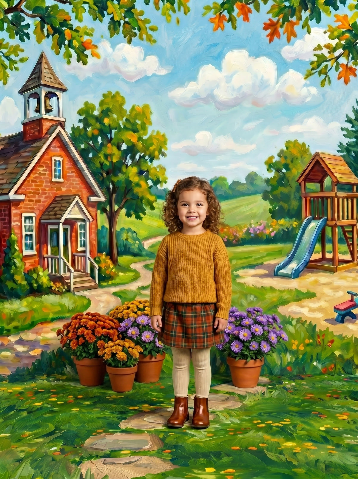 Schoolbell Hill red brick schoolhouse photography backdrop with a bell tower and playground, shown in a styled studio setup with a young girl in a plaid skirt standing among potted autumn mums CP-8969