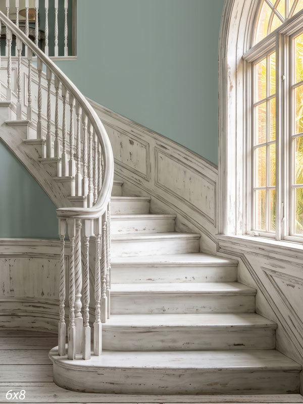 Weathered whitewashed curved staircase with turned spindles against sage-green walls beside an arched window with palms, a coastal interior photography backdrop.