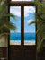 Seaside View Photography Backdrop - Seaside view photography backdrop featuring a picturesque ocean scene framed by a classic doorway with lush palm fronds.