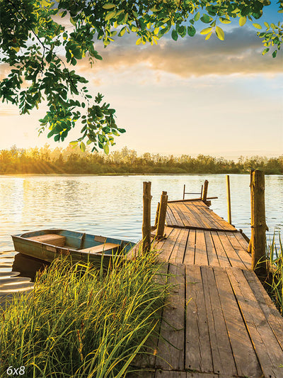 Serene Lakeside Dock Photography Backdrop - Serene lakeside dock photography backdrop with lush green foliage and golden sunset light, perfect for tranquil photoshoots.