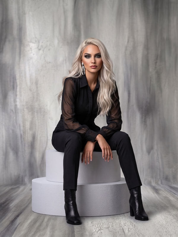 Silver Birch silver gray texture photography backdrop shown behind a woman in black seated on white risers CP-8989