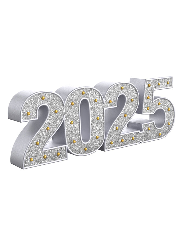 Angled view of a sleek 2025 year prop with silver glitter face and matching silver sides—ideal for modern studio shoots, New Year countdowns, and graduation sessions.