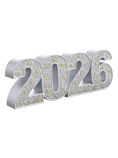 Angled view of a silver 2026 glitter number prop with bright metallic finish and gold studs—perfect for modern graduation minis, New Year’s sessions, and milestone portraits.