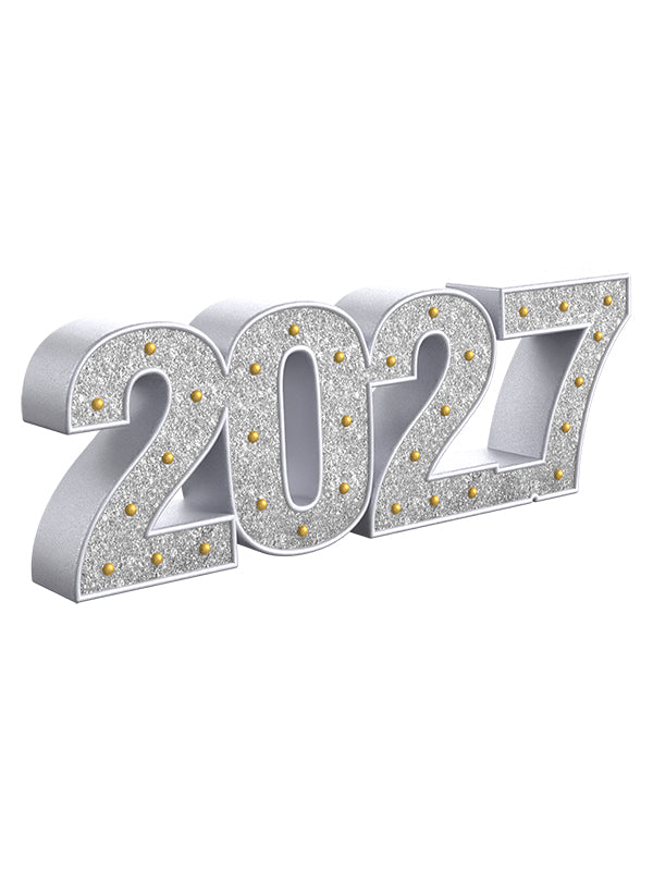 Angled view of a 2027 silver glitter year prop with metallic finish and gold-accented studs—great for sleek graduation photos, countdown minis, and milestone sessions.