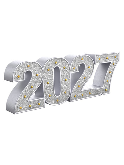 Angled view of a 2027 silver glitter year prop with metallic finish and gold-accented studs—great for sleek graduation photos, countdown minis, and milestone sessions.
