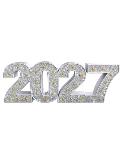 Front-facing image of the silver 2027 prop, featuring shimmering glitter and gold accents—perfect for modern studio sessions celebrating class of 2027 or New Year shoots.
