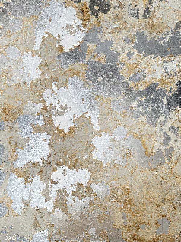 Printed photography backdrop showing a weathered silver and beige plaster-style texture with ivory patches, gray areas, and light scratch-like marks. The pattern reads as neutral, non-directional texture behind a subject.