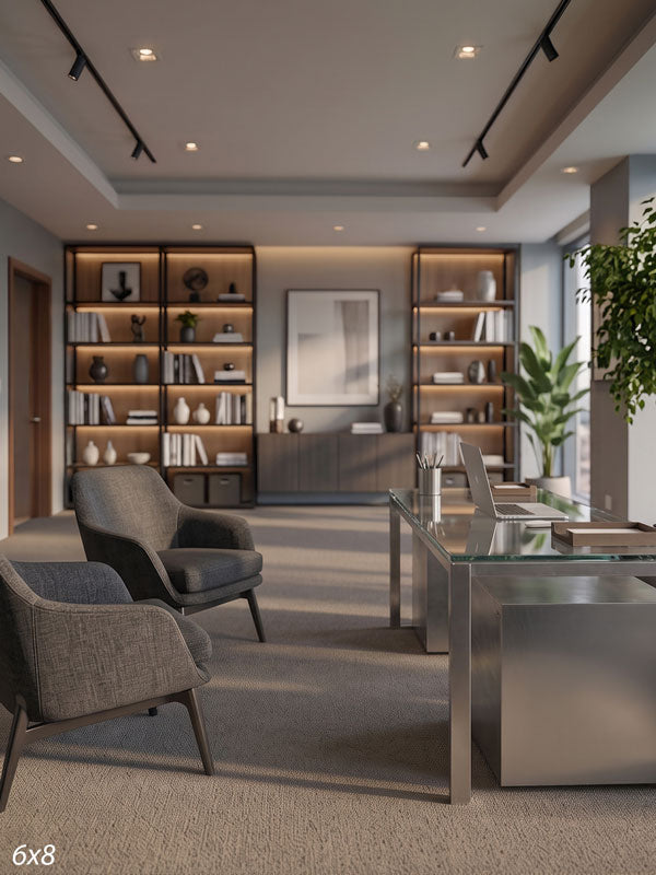 Contemporary office with a glass-top chrome desk, gray lounge chairs, and light-wood shelving, a modern corporate photography backdrop.