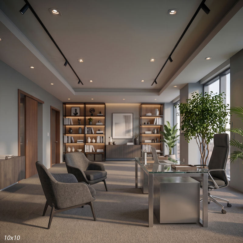 Wider view of the contemporary office showing track lighting, a potted tree, and bright windows, a modern corporate photography backdrop.