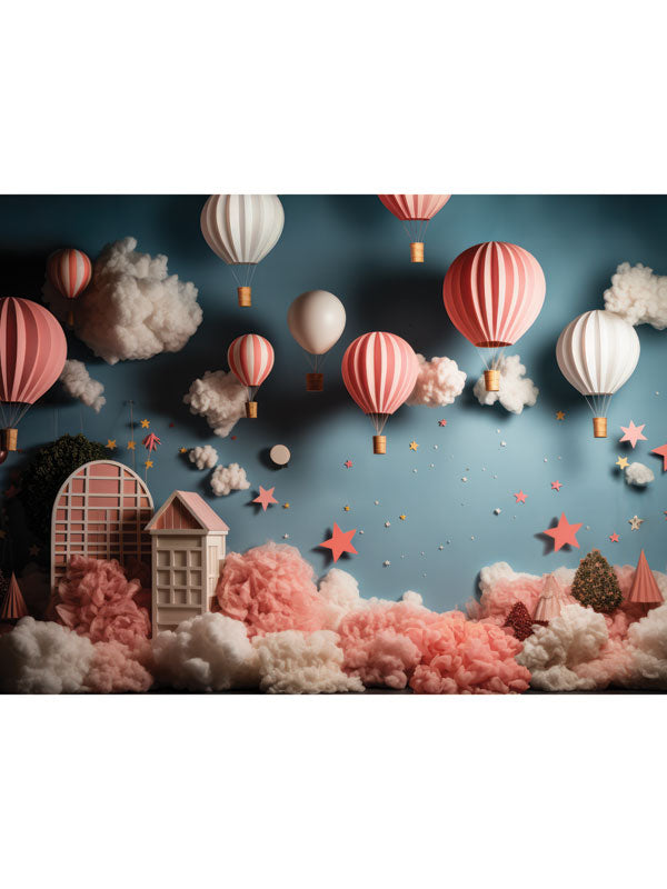 Sky High Hot Air Ballon Adventure Cake Smash Backdrop - Whimsical cake smash backdrop with peach hot air balloons, fluffy clouds, and playful elements against a dreamy blue sky.