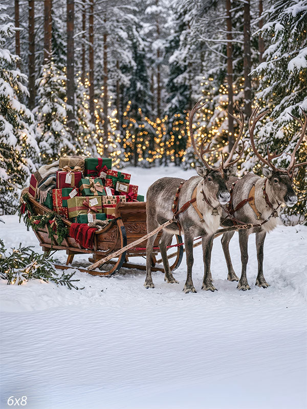 Sleigh Hollow reindeer pulling Christmas sleigh snow-covered pine forest fairy lights photo backdrop CP-8913