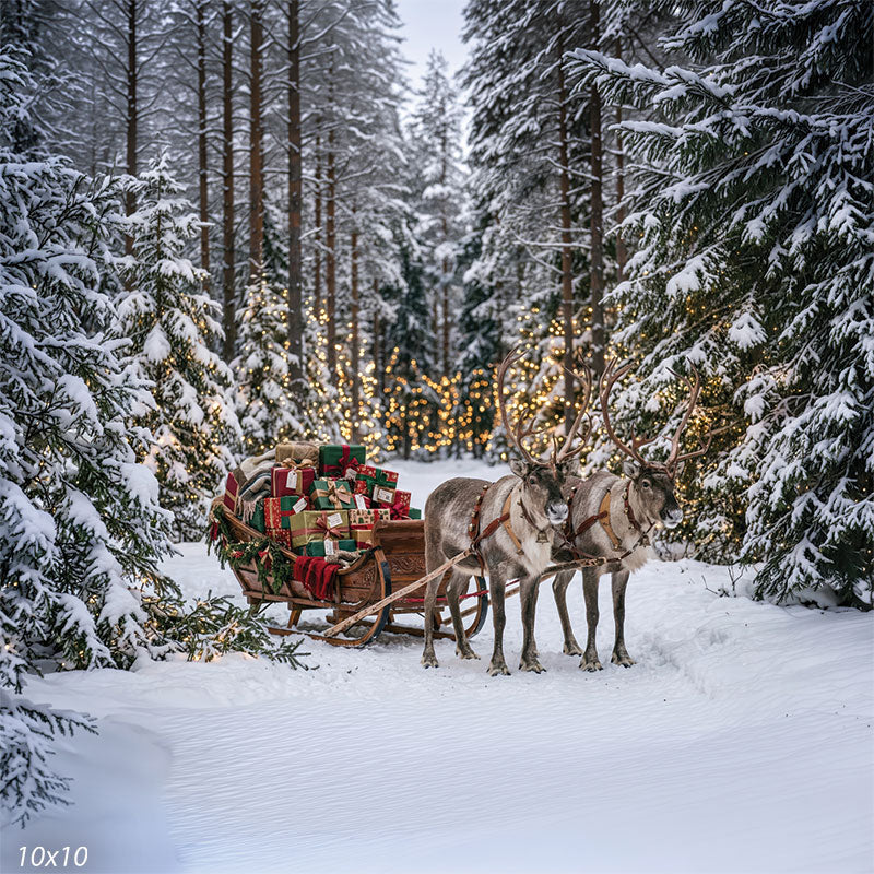 Sleigh Hollow two reindeer Christmas sleigh gifts snowy forest holiday portrait backdrop CP-8913