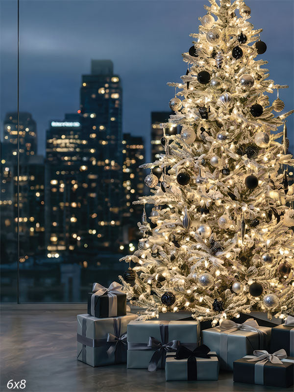 midnight pine christmas tree city skyline night backdrop CP-8894