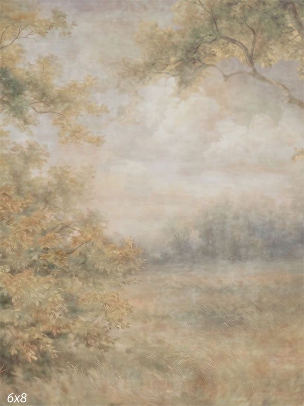 Photography backdrop showing a soft meadow scene with trees, mist, and painted-style landscape textures behind a portrait subject.