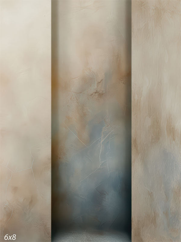 A studio background featuring a painterly texture in warm beige and cream with a soft blue-gray gradient at the bottom.