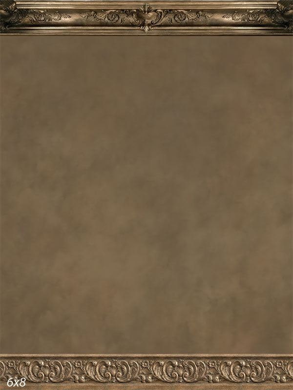 Printed photography backdrop showing a soft beige studio wall with subtle texture and decorative border framing used behind a portrait subject.