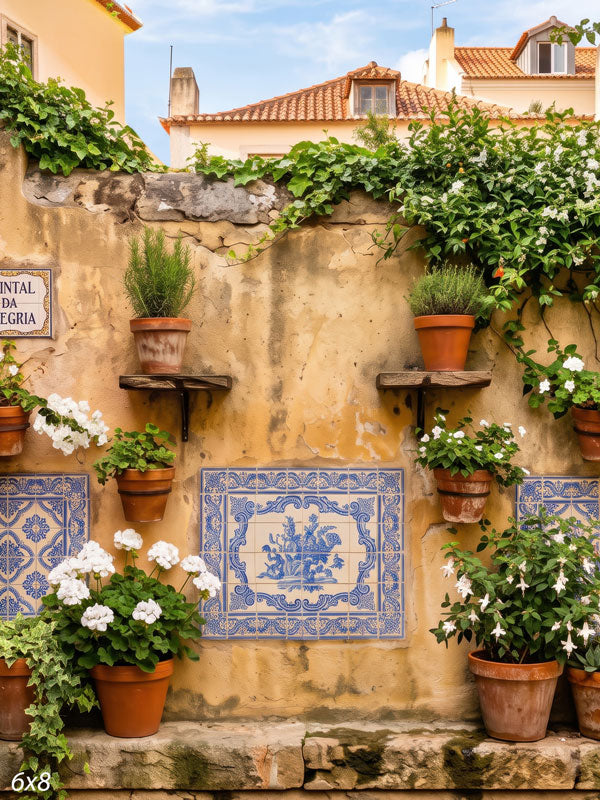 Warm ochre wall set with blue-and-white Portuguese tiles and terracotta pots of white geraniums, a Mediterranean scenic photography backdrop.
