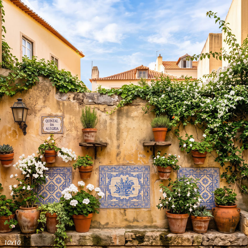 Wider view of the Portuguese wall showing a lettered tile plaque, an iron lantern and more rooftops and potted flowers under a blue sky, a Mediterranean scenic photography backdrop.